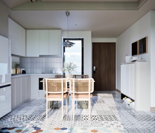 a kitchen with a dining table and chairs