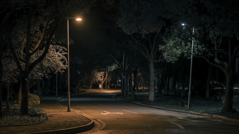 a street at night with a street light on