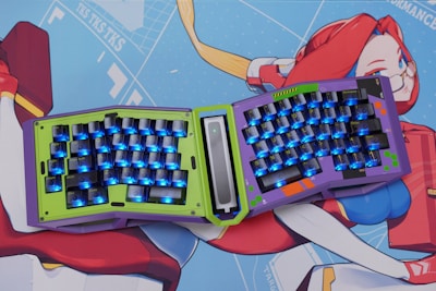 A sleek keyboard adorned with vibrant anime-inspired resin keycaps glowing softly under ambient light.