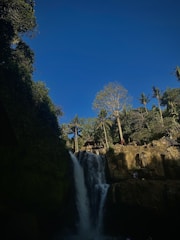 A breathtaking view of El Limon waterfall surrounded by lush greenery under a clear blue sky.