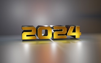 Golden 3D block numbers displaying '2024' on a reflective surface, casting soft shadows and highlights against a gradient background.