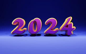Bold and colorful 3D numbers representing the year 2024 appear in the center of the image against a gradient blue background. The numbers are in a bright purple with a yellow outline, casting shadows on the floor.