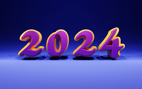 Bold and colorful 3D numbers representing the year 2024 appear in the center of the image against a gradient blue background. The numbers are in a bright purple with a yellow outline, casting shadows on the floor.