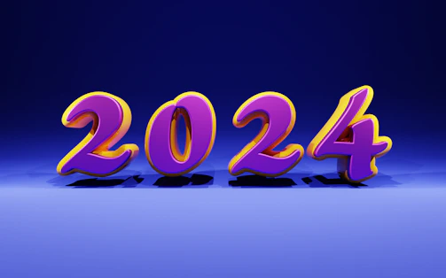 A colorful infographic showing AI trends and statistics in 2024 on a digital screen.
