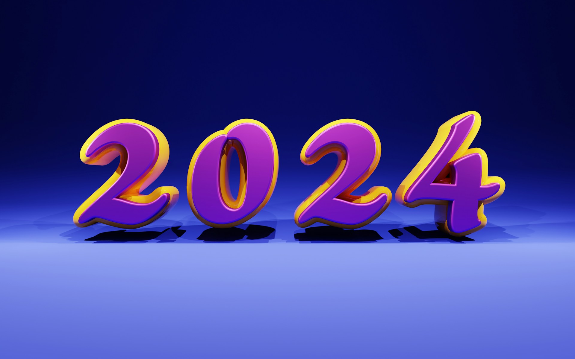 Bold and colorful 3D numbers representing the year 2024 appear in the center of the image against a gradient blue background. The numbers are in a bright purple with a yellow outline, casting shadows on the floor.