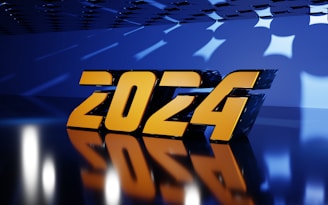 Large 3D numbers in a glossy gold finish reflect on a shiny blue floor. The numbers are positioned under a ceiling with geometric patterns, casting dynamic shadows and reflections across the scene.