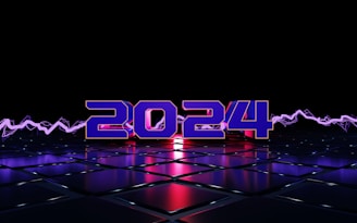 Neon blue numbers displaying '2024' stand out against a dark, grid-patterned futuristic background. The numbers are outlined with a vibrant purple glow, and there are dynamic pink and purple waveforms in the background, adding a sense of motion.