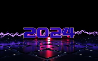 Neon blue numbers displaying '2024' stand out against a dark, grid-patterned futuristic background. The numbers are outlined with a vibrant purple glow, and there are dynamic pink and purple waveforms in the background, adding a sense of motion.