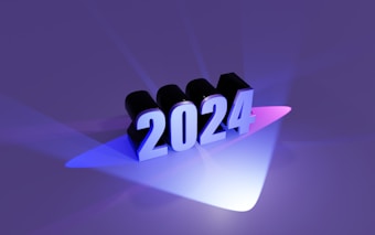 The image consists of the number 2024 in bold, three-dimensional text that seems to be illuminated by colorful lights. The background is a rich purple hue with blue and pink lighting effects casting shadows and reflections on the surface.
