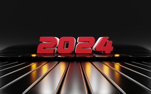 A futuristic display of the number 2024 in bold red characters set against a sleek, reflective black and metallic backdrop. Yellow and orange lights illuminate the background.