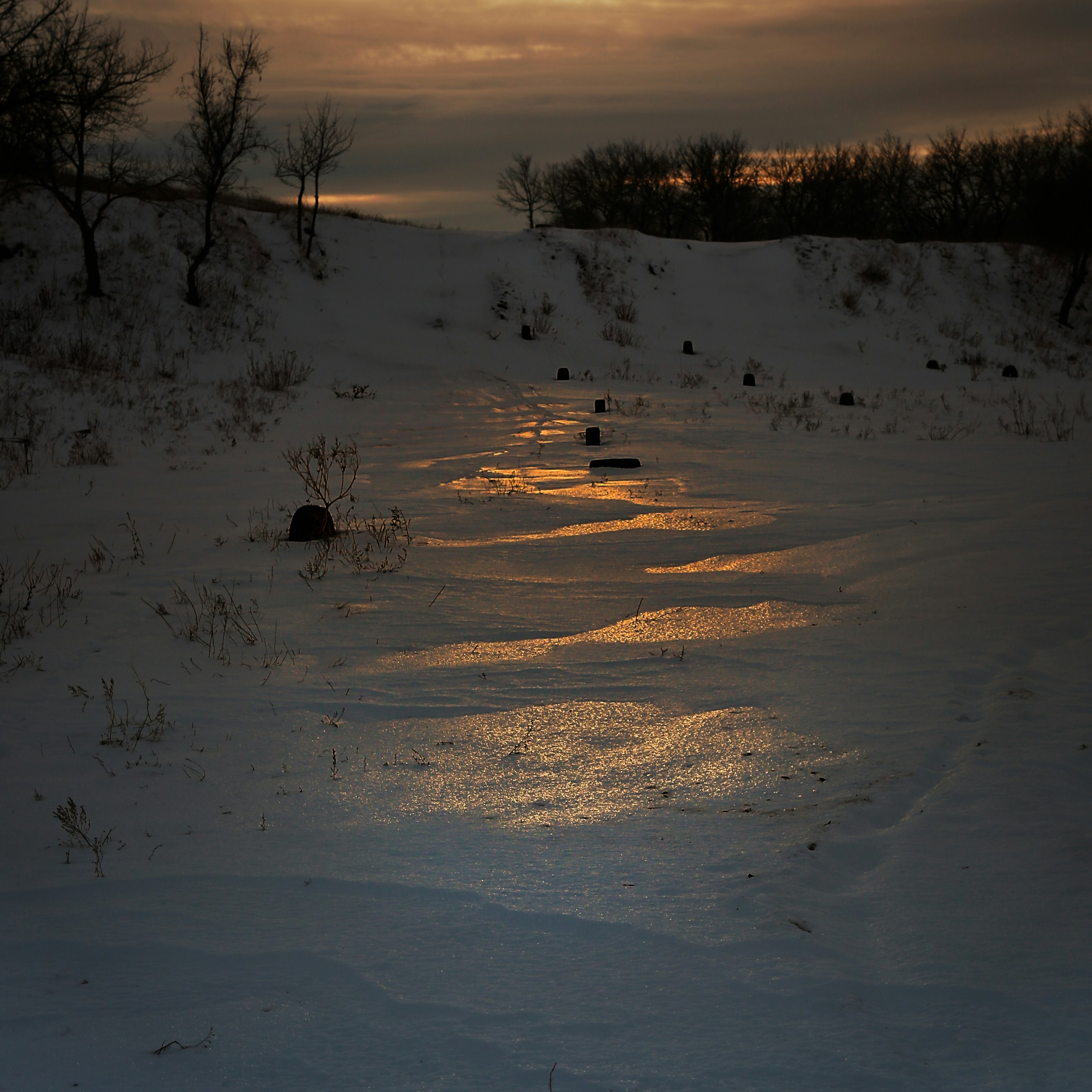 Winter snow landscape with bright white snow covering ground and warm golden sunset light in background