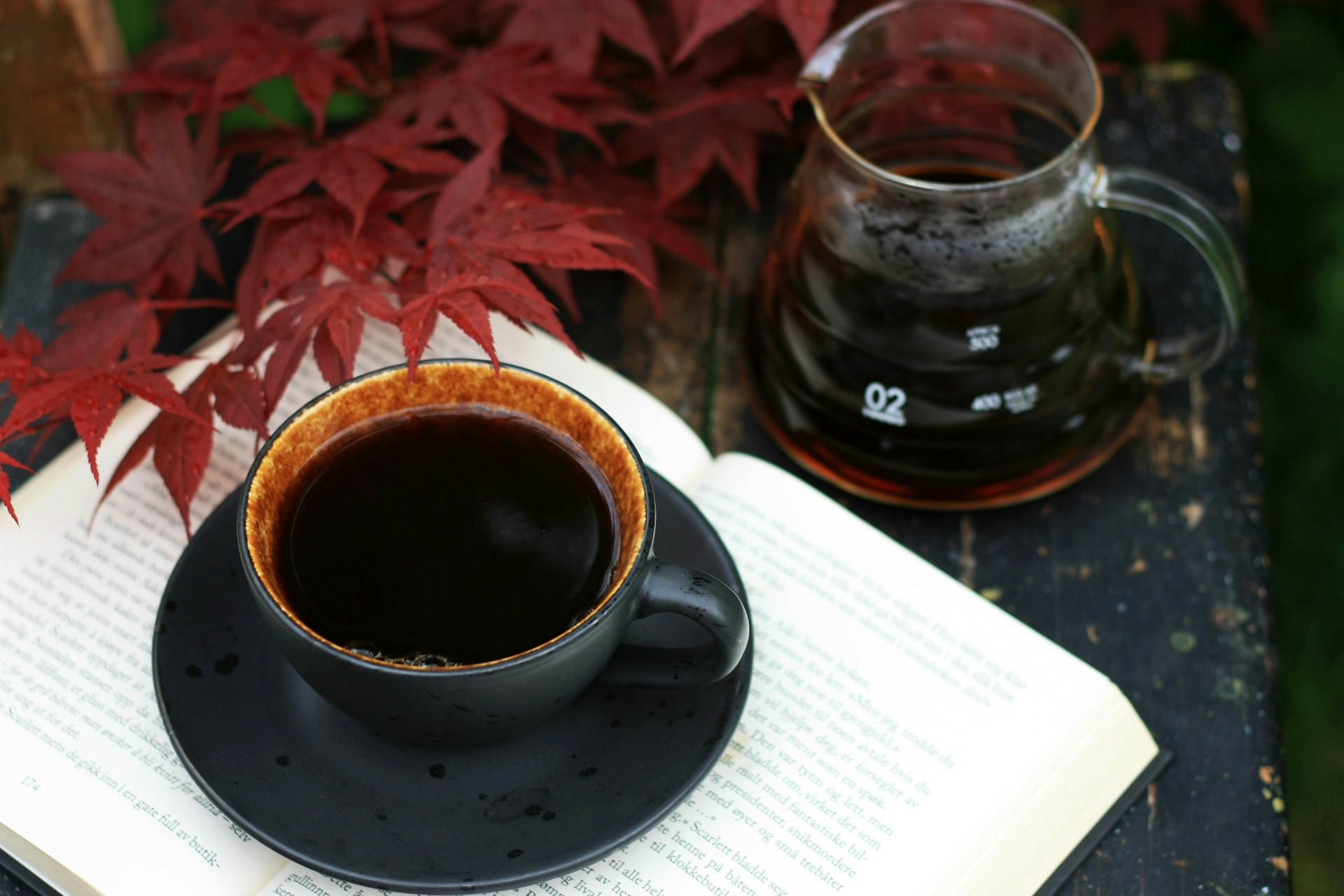 a cup of coffee sitting on top of an open book
