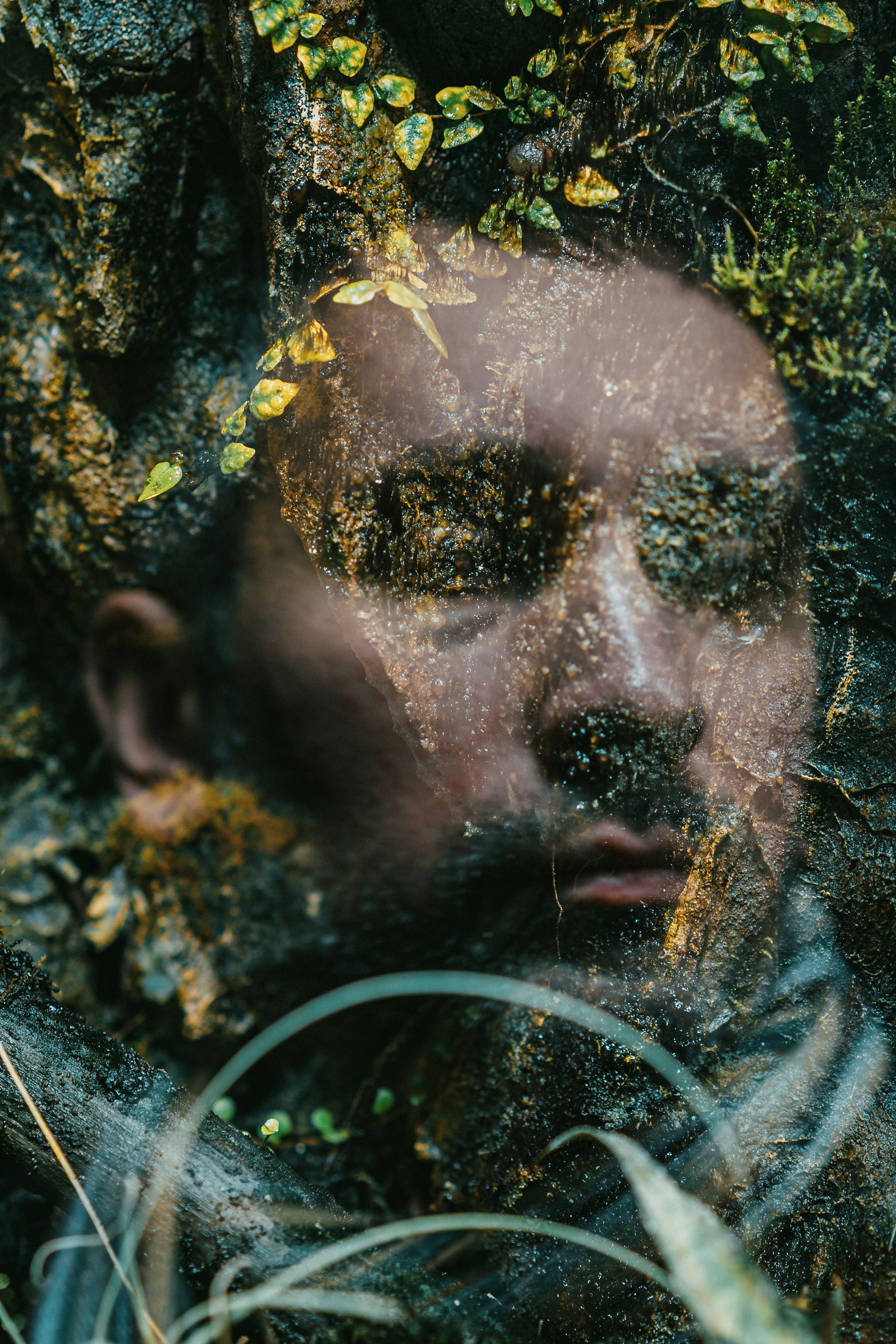 A hauntingly beautiful illustration blending twisted forest branches with delicate ceramic textures, evoking a mysterious natural world.