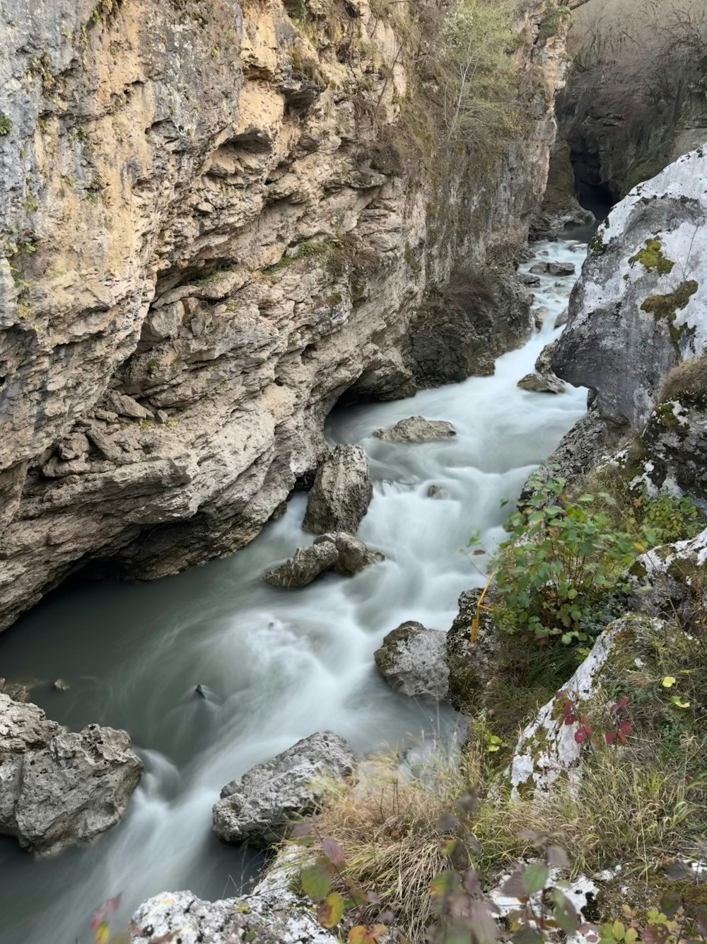 a river flowing through a canyon next to a rocky cliff