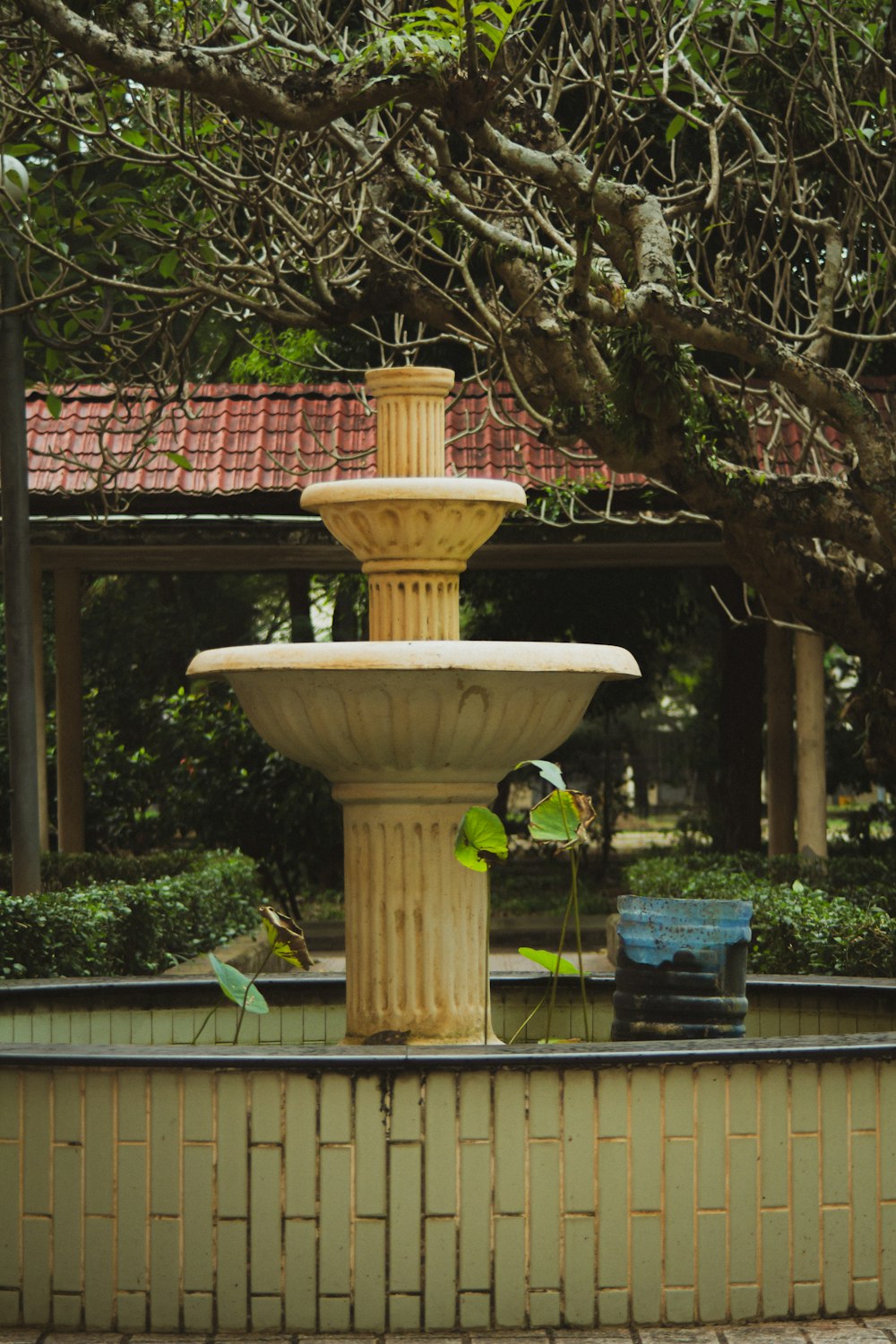 a fountain with a bird sitting on top of it