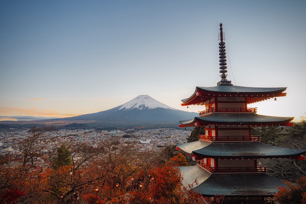 a pagoda with a mountain in the background