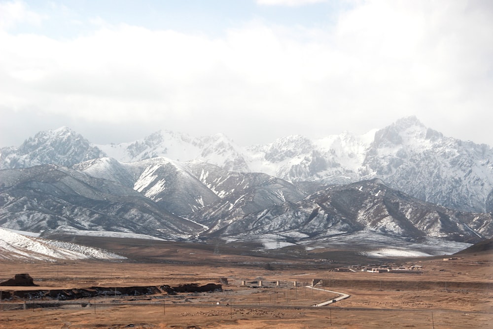 a mountain range with snow covered mountains in the background