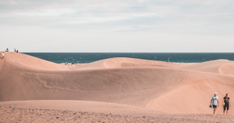 A picturesque desert landscape with vast sand dunes stretching into the distance. The sky is partly cloudy, and the ocean is visible in the background. Several people are scattered across the dunes, some sitting or walking, enjoying the serene setting.