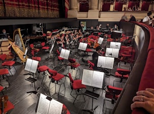 A well-lit orchestra pit with musicians preparing their instruments and sheet music on stands. Red upholstered seats surround the pit, and a grand gilded harp is prominently placed. Musicians are tuning their instruments, while the audience is seen gathering above.