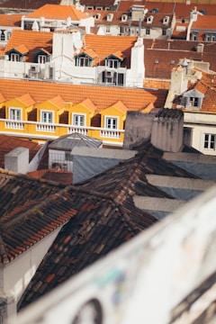 A collage of various roofing styles on different buildings.