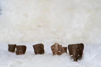 Soft, plush elephants in gentle pastel colors lined up on a soft blanket.