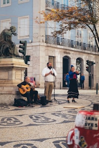A vibrant street scene showcasing musicians performing in an urban setting.