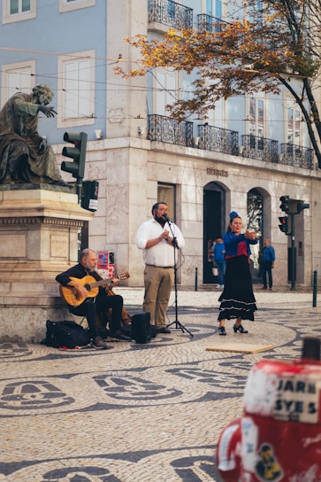 A vibrant street scene showcasing musicians performing in an urban setting.