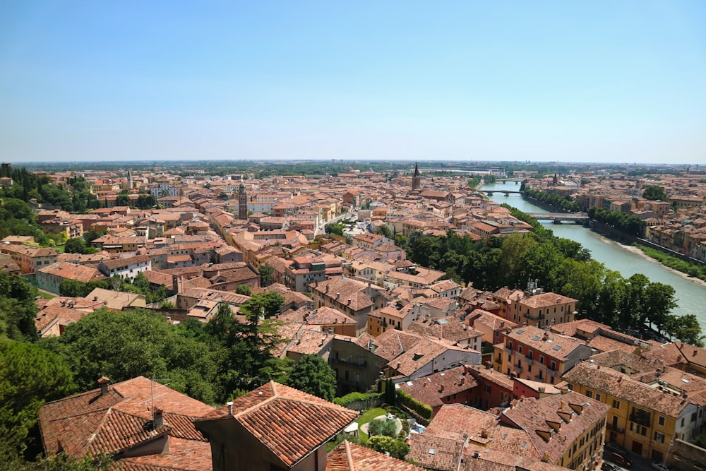 an aerial view of a city with a river running through it