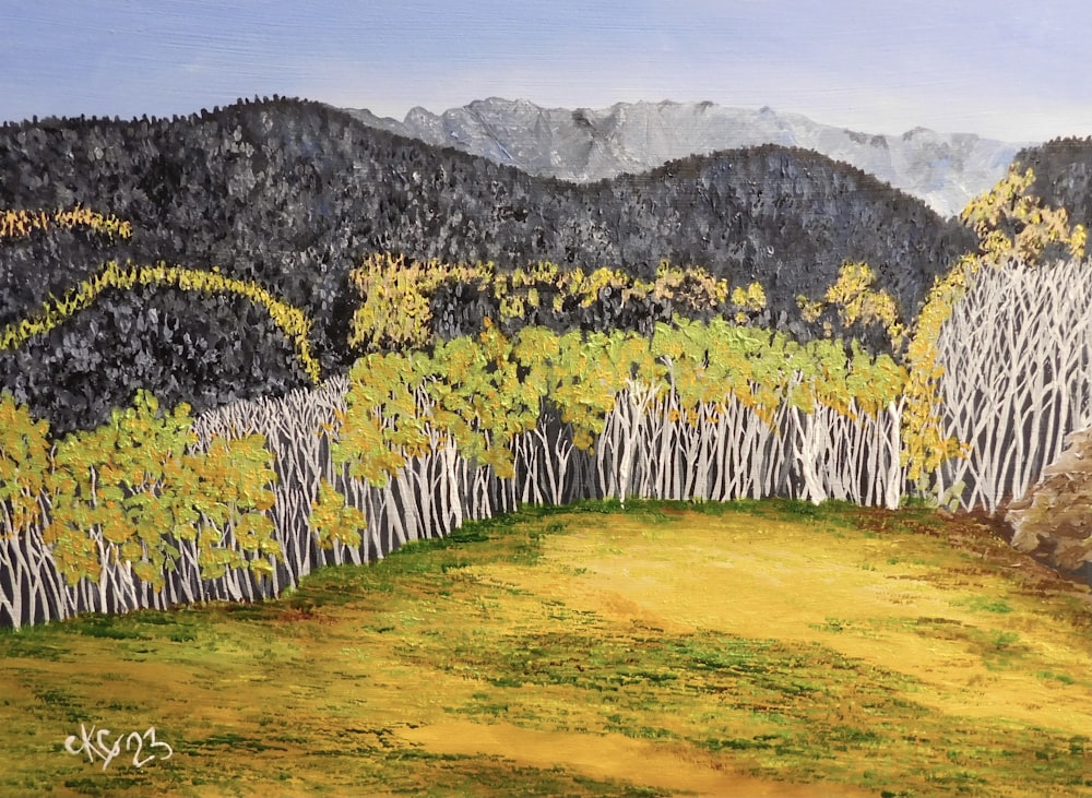 uma pintura de uma floresta com montanhas ao fundo