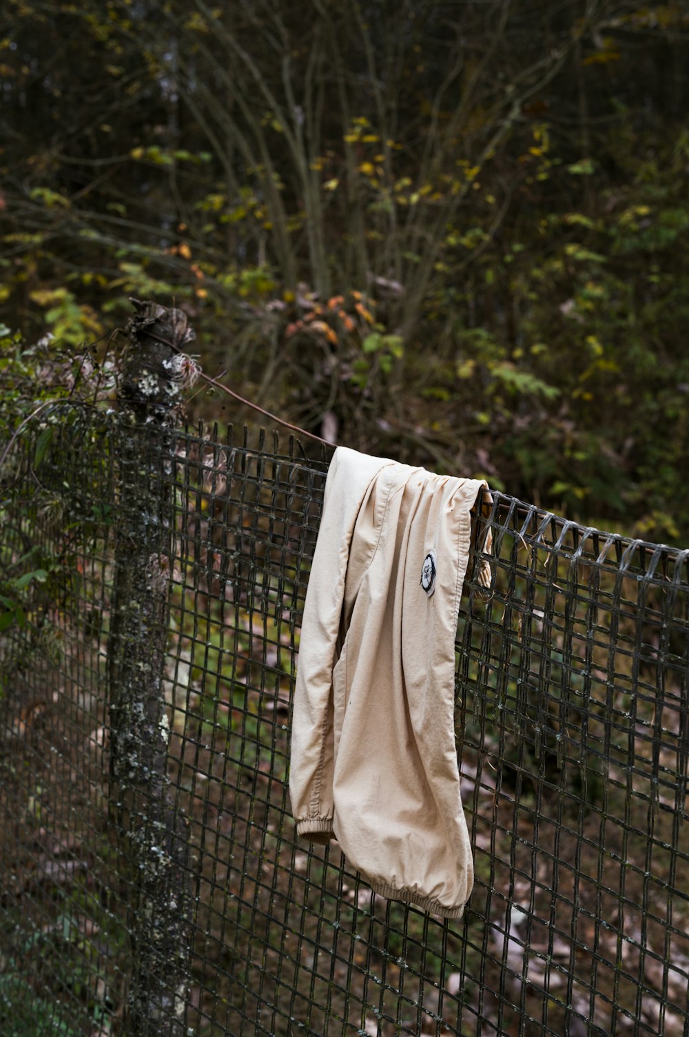 a cloth hanging on a fence in the woods