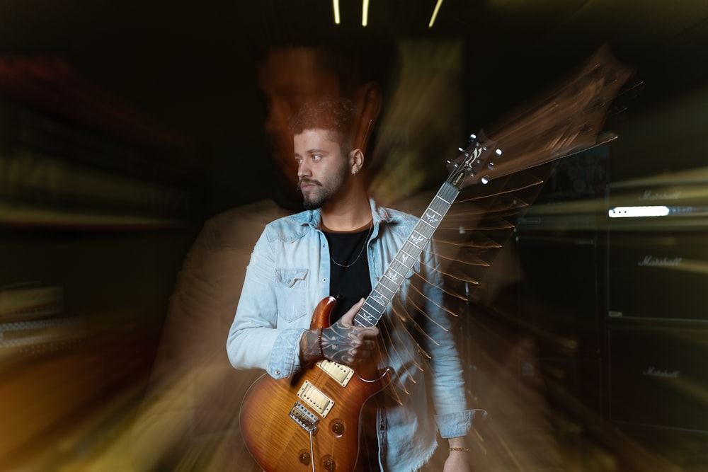 a man playing a guitar in a blurry photo