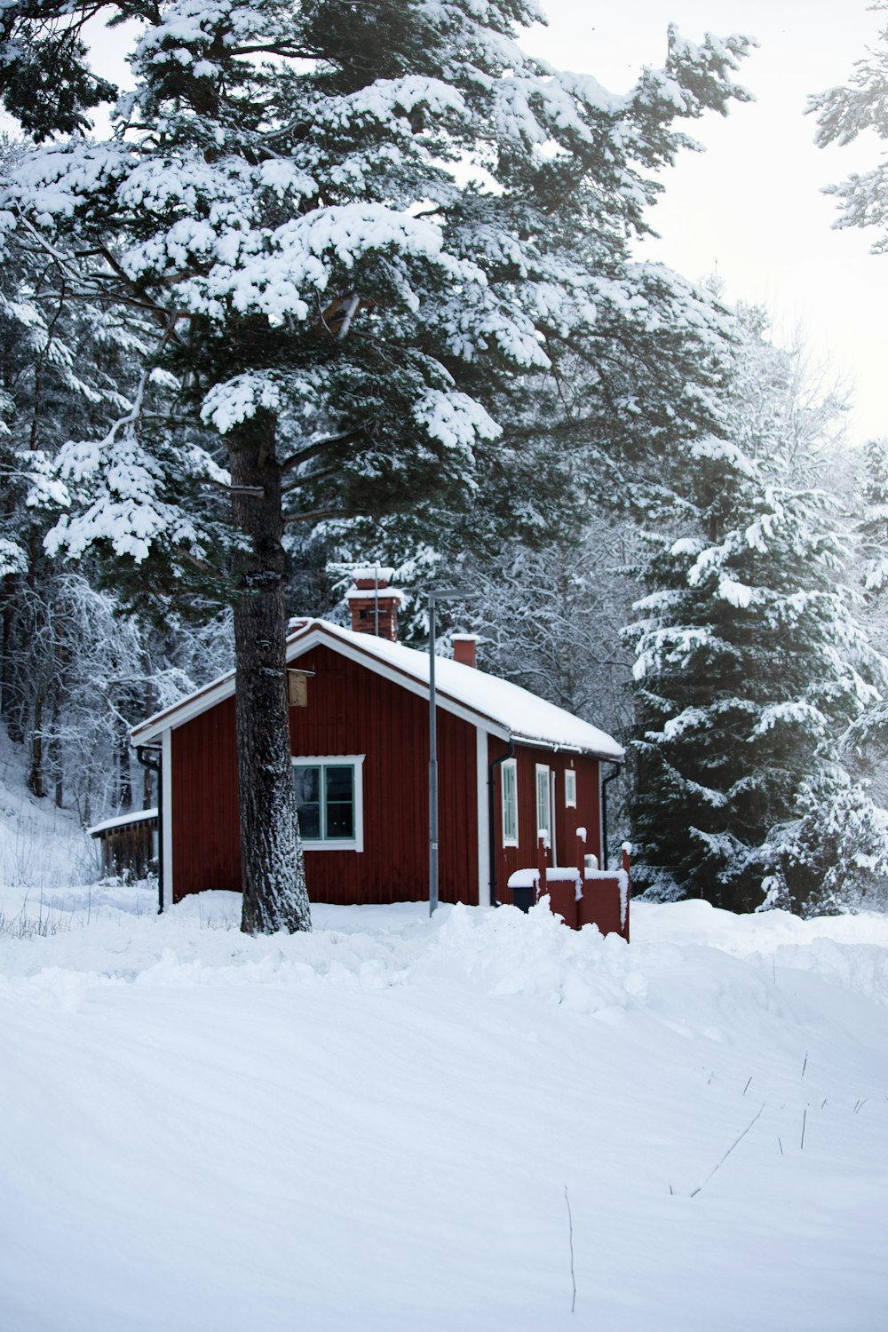 a red cabin in the middle of a snowy forest