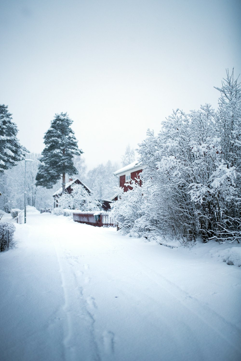 a snow covered road with a house in the distance