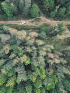 A drone shot capturing a winding trail through lush forests with ATVs parked nearby.