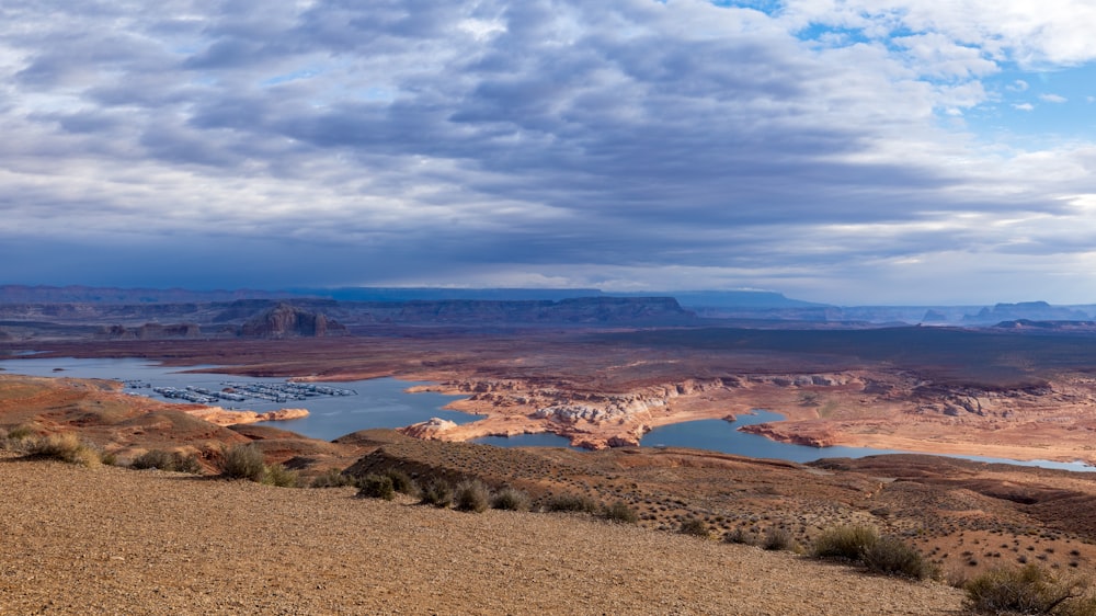 a large body of water sitting in the middle of a desert