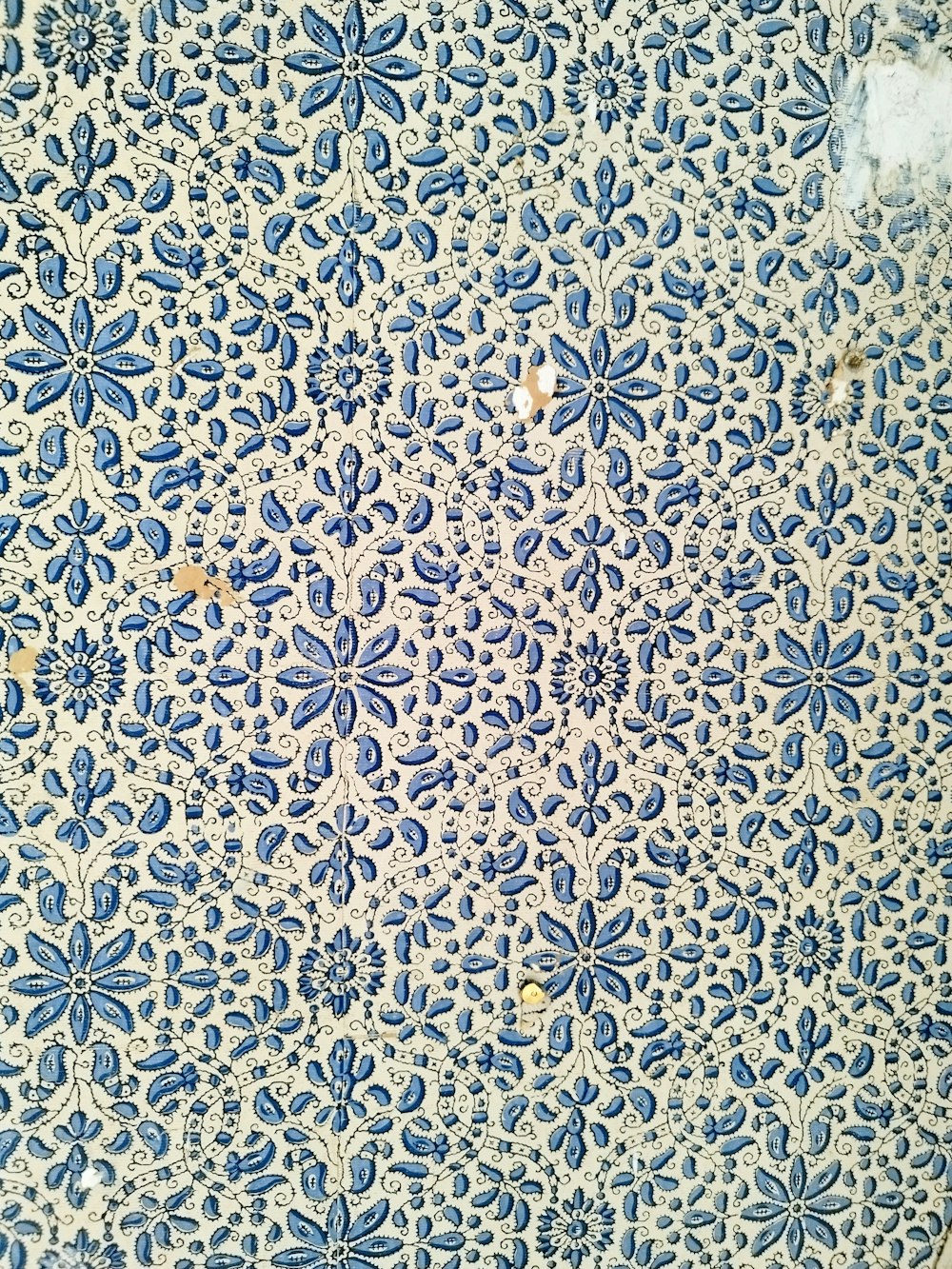 a close up of a blue and white plate