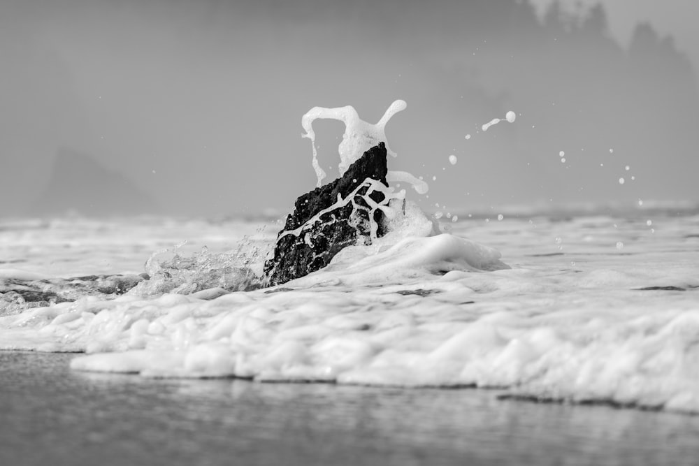 물 속의 서핑 보드의 흑백 사진