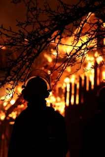 A silhouette of a firefighter is visible against the backdrop of intense, roaring flames. The fire illuminates the scene, with branches of a tree in the foreground creating a striking contrast between light and shadow.