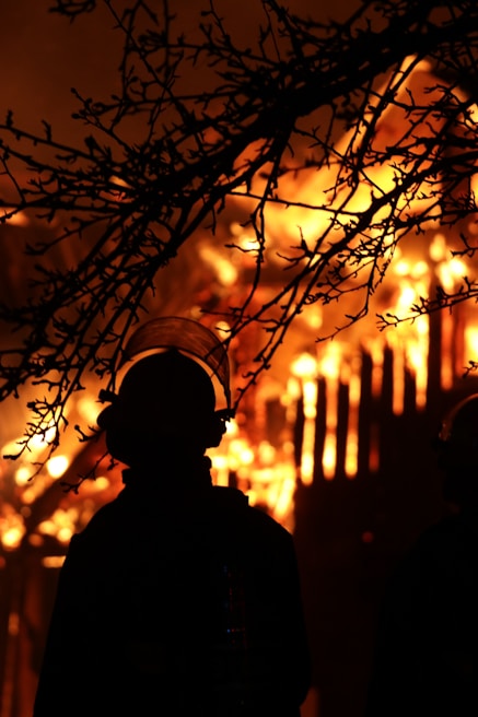 A silhouette of a firefighter is visible against the backdrop of intense, roaring flames. The fire illuminates the scene, with branches of a tree in the foreground creating a striking contrast between light and shadow.