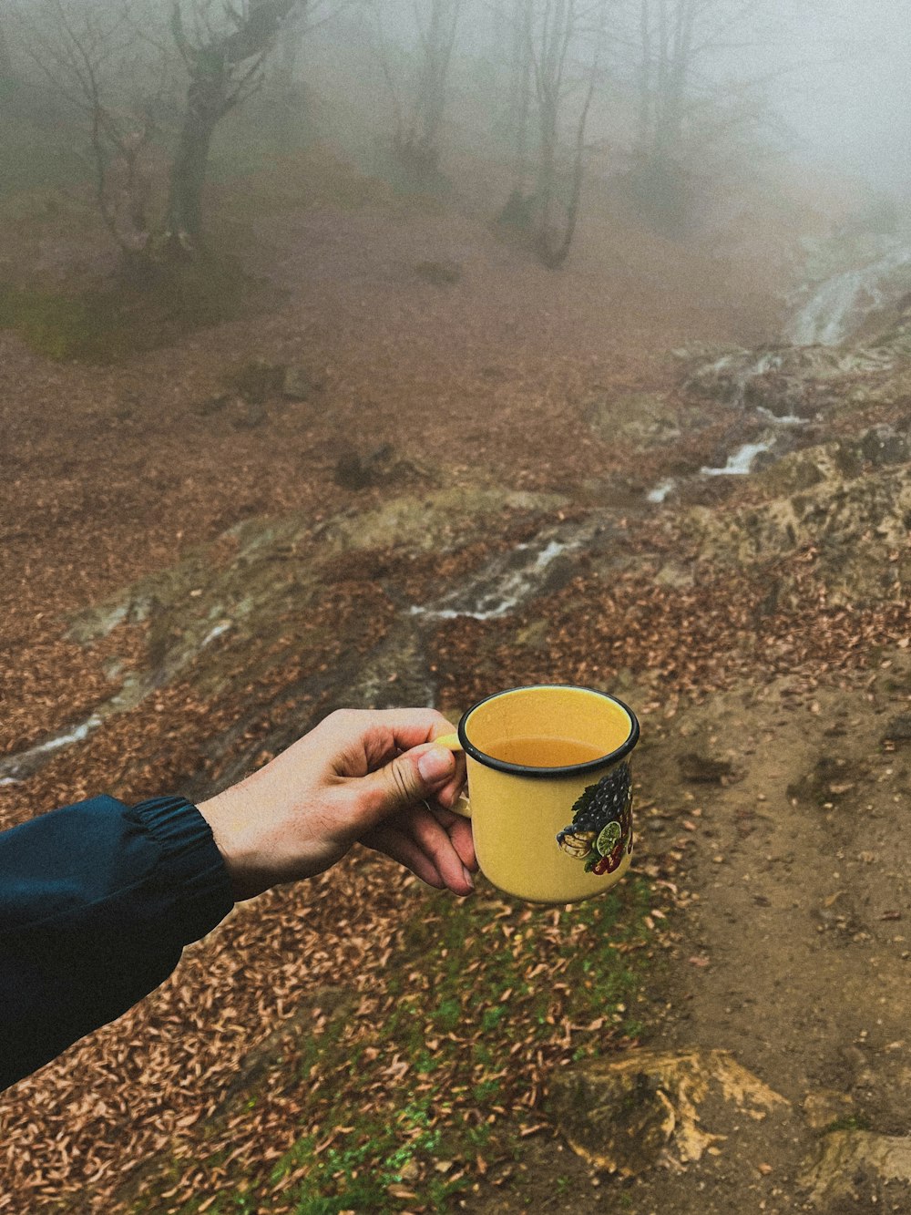a person holding a cup of coffee on a trail