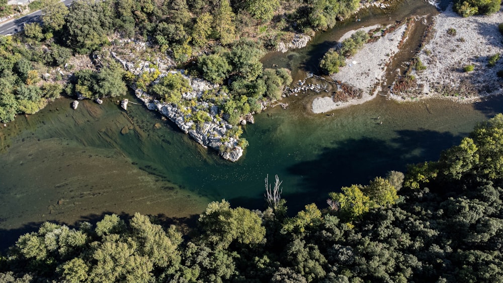 an aerial view of a lake surrounded by trees