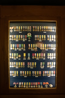 A display case contains an organized arrangement of various medals and decorations, each with a unique design, ribbon, and emblem. The medals are arranged in rows inside a wooden frame with a glass cover.