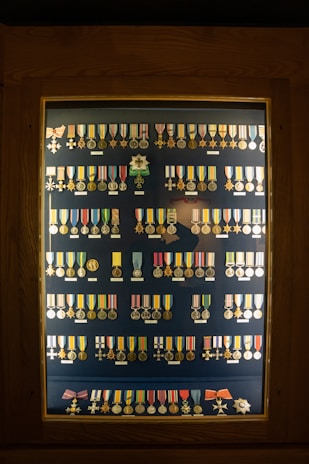 A display case contains an organized arrangement of various medals and decorations, each with a unique design, ribbon, and emblem. The medals are arranged in rows inside a wooden frame with a glass cover.