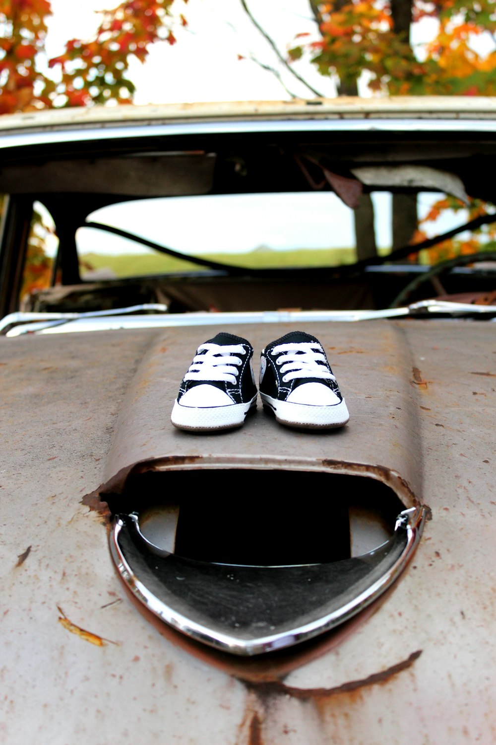 a pair of black and white shoes sitting on the hood of a car