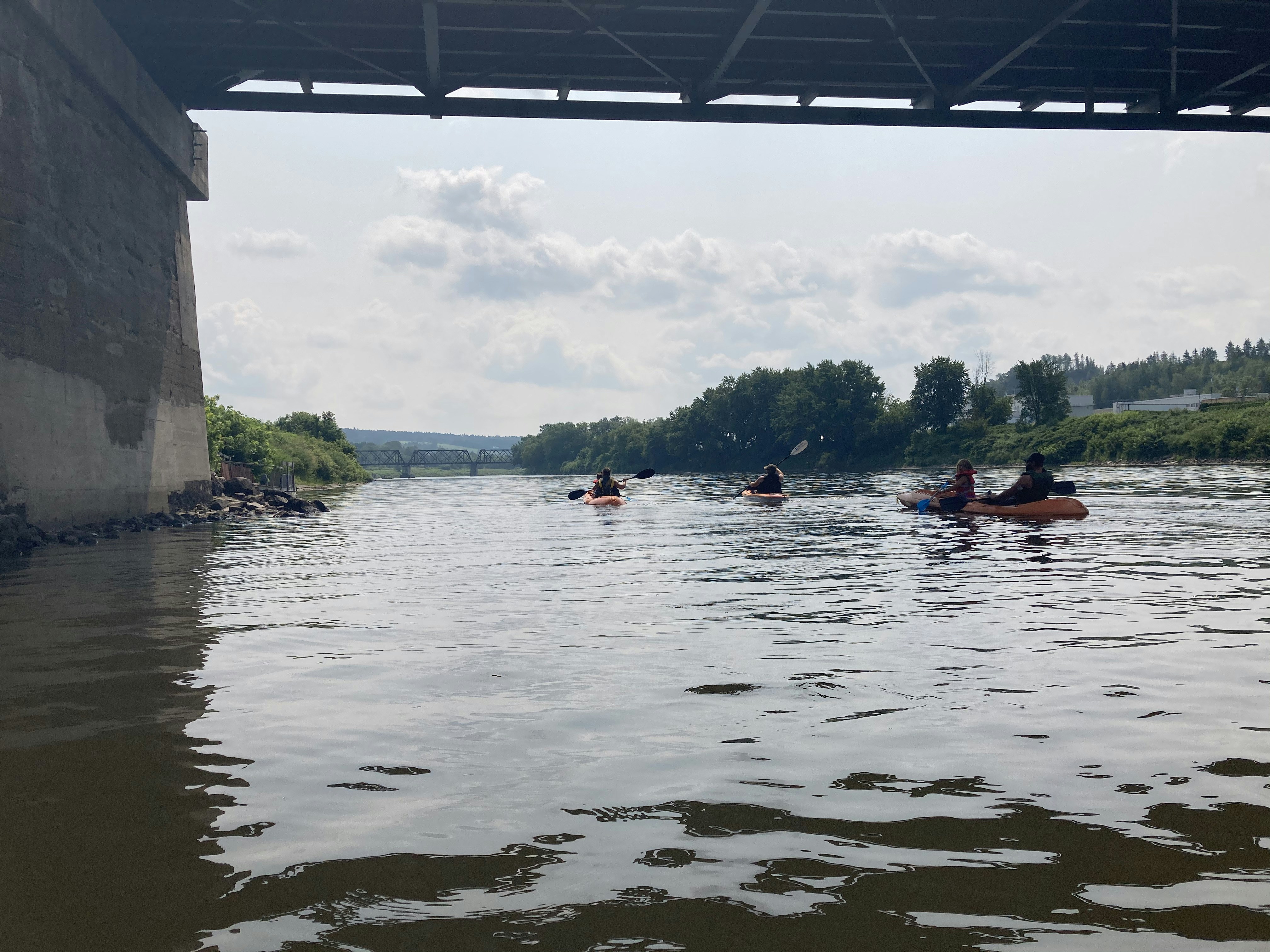 a group of people in kayaks paddling under a bridge