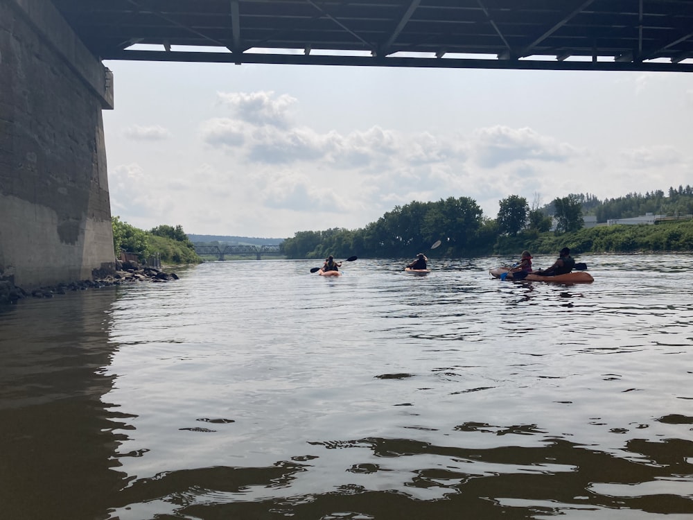 a group of people in kayaks paddling under a bridge