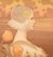A profile of a woman wearing an ornate lace bonnet, with delicate floral patterns and geometric designs. Her gaze is serene, set against a softly colored background featuring windmills and a sky with fluffy clouds. In the foreground, there are large, stylized orange flowers with intricate leaves.