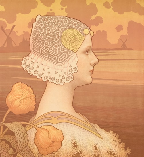A profile of a woman wearing an ornate lace bonnet, with delicate floral patterns and geometric designs. Her gaze is serene, set against a softly colored background featuring windmills and a sky with fluffy clouds. In the foreground, there are large, stylized orange flowers with intricate leaves.