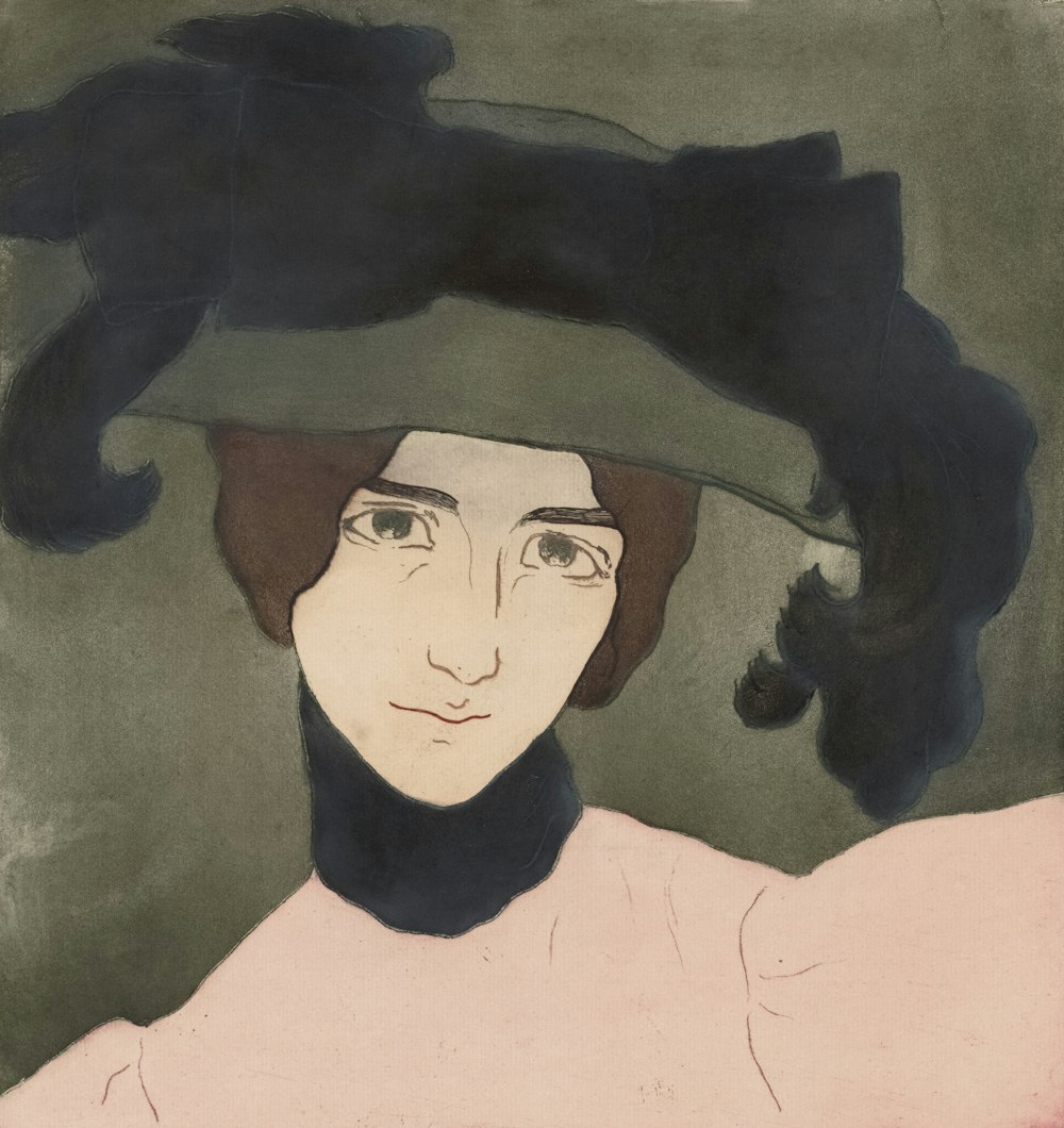 a painting of a woman with a hat on her head