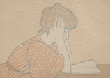 A stylized illustration of a woman with short hair and patterned clothing leaning her head on her hand. She appears to be reading a book, which is open on the table. The background is intricate, featuring embossed floral designs.